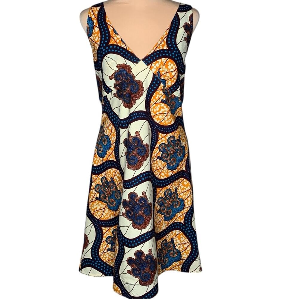 Babydoll Shift Dress XL African Ankara Geometric Orange Blue Cotton USA Lolly